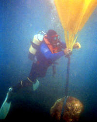 Seadart Diver Chris uses an air filled lift bag to move boulders off the Halsewell wreck site. Image � Seadart Divers Association
